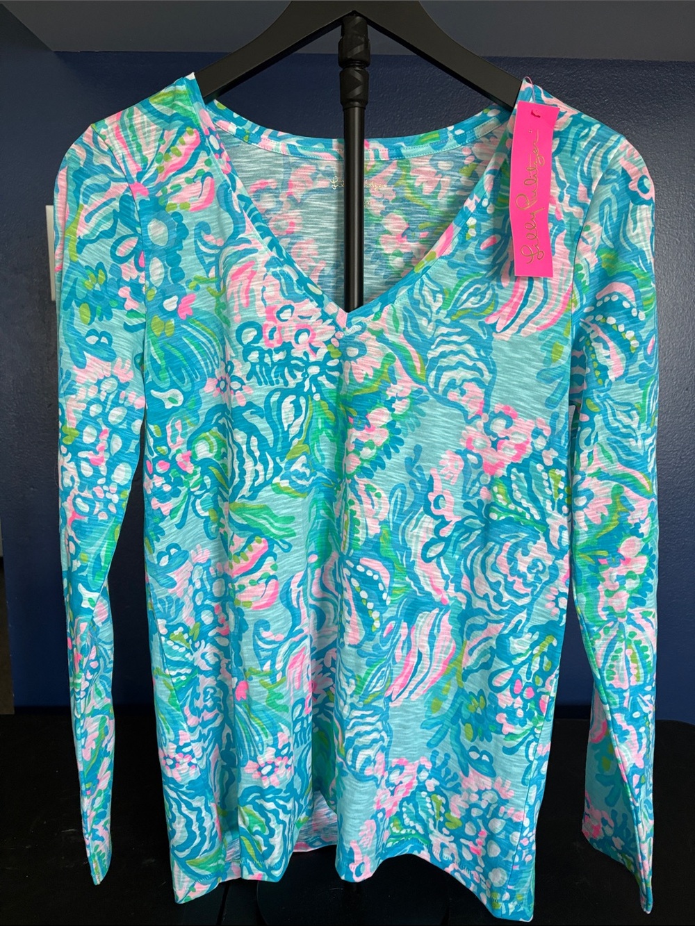 Lilly Pulitzer Aqua Multi Floral V-Neck Long Sleeve Top